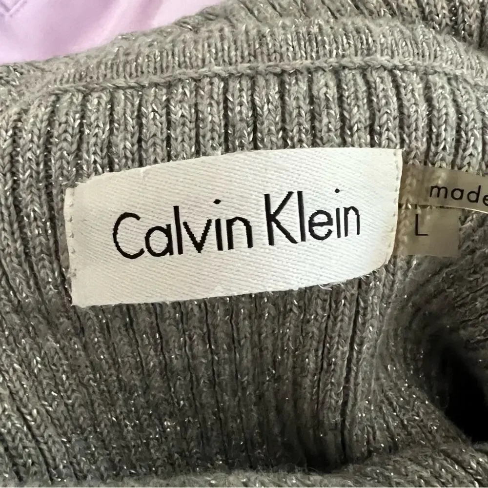 Calvin Klein Grey Cowl Neck Flare Shimmering Metallic Silver Sweater Dress Sz L